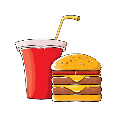 vektör karikatür lezzetli burger ve kola kağıt bardak portakal arka plan üzerinde izole saman ile.