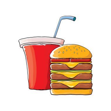vektör karikatür lezzetli burger ve kola kağıt bardak portakal arka plan üzerinde izole saman ile.