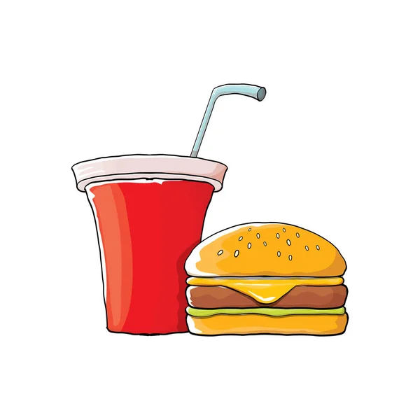 Vektor rajzfilm ízletes burger és cola papírpohár szalmával elszigetelt narancssárga háttér. — Stock Vector