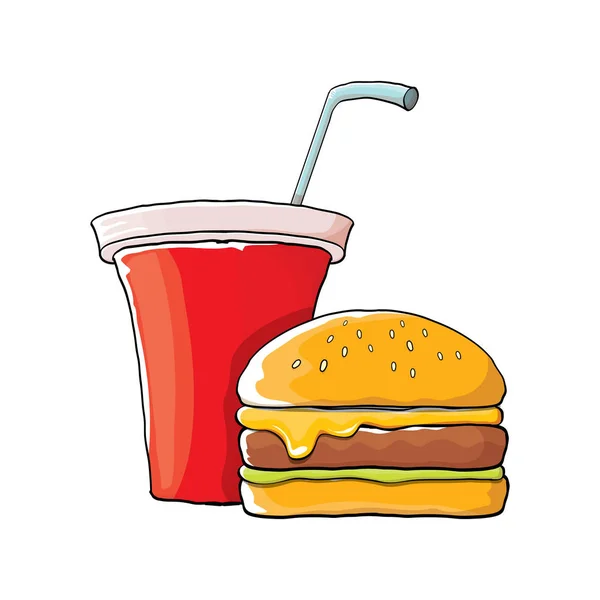 Vektor rajzfilm ízletes burger és cola papírpohár szalmával elszigetelt narancssárga háttér. — Stock Vector