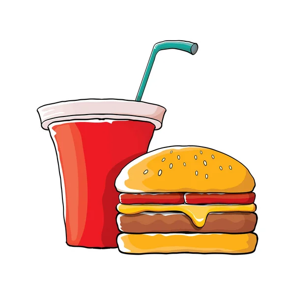 Vektor kreslené chutné hamburgery a Colu pohárek se slámou na oranžové pozadí, samostatný. — Stockový vektor