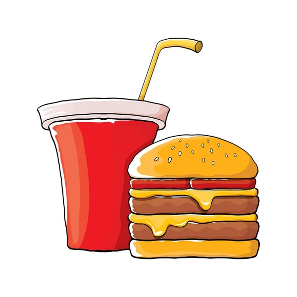 Vektor rajzfilm ízletes burger és cola papírpohár szalmával elszigetelt narancssárga háttér. — Stock Vector