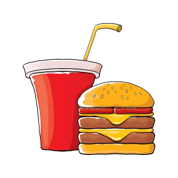ベクトル漫画おいしいハンバーガーとコーラの紙コップ オレンジ色の背景に分離されたわら. — ストックベクタ