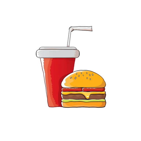 ベクトル漫画おいしいハンバーガーとコーラの紙コップ オレンジ色の背景に分離されたわら. — ストックベクタ