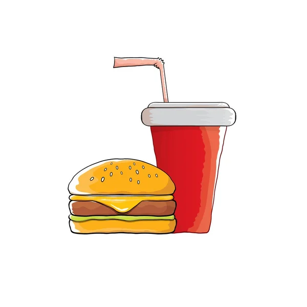 Wektor kreskówka smaczne burger i cola papierowy kubek ze słomką na białym tle na pomarańczowym tle. — Wektor stockowy
