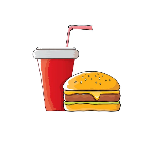 벡터 만화 맛 있는 햄버거와 콜라 종이 컵 오렌지 배경에 고립 밀 짚으로. — 스톡 벡터