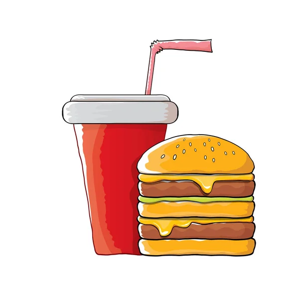 Vektor rajzfilm ízletes burger és cola papírpohár szalmával elszigetelt narancssárga háttér. — Stock Vector