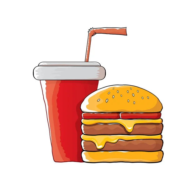Vector cartoon tasty burger and cola paper cup with straw isolated on orange background. — Stock Vector