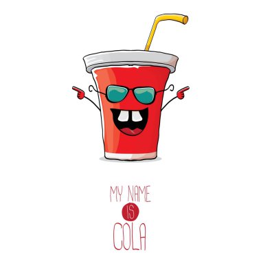 vektör komik karikatür şirin kırmızı kağıt cola Kupası beyaz arka plan üzerinde izole saman ile. Benim adım cola vektör kavramdır. Funky hipster kola karakter simgesi
