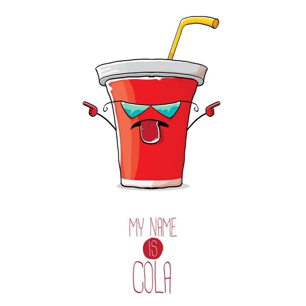 Vector grappige cartoon schattige rode papier cola cup met stro geïsoleerd op een witte achtergrond. Mijn naam is cola vector concept. Funky hipster cokes karakter pictogram — Stockvector