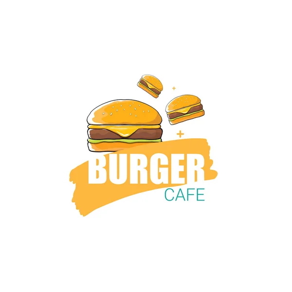 Vector de dibujos animados burger café logotipo de la plantilla de diseño con hamburguesa. diseño de la etiqueta elemento o burger house logo — Archivo Imágenes Vectoriales