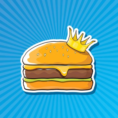 vektör karikatür royal Kral burger peynir ve altın taç etiket üzerinde mavi arka plan üzerinde izole.