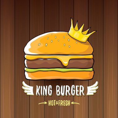vektör karikatür royal Kral burger peynir ve altın taç simgesi üzerinde ahşap masa arka plan üzerinde izole.