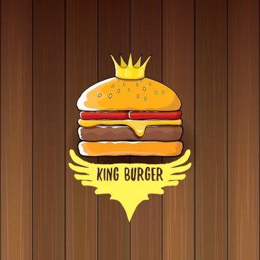 vektör karikatür royal Kral burger peynir ve altın taç simgesi üzerinde ahşap masa arka plan üzerinde izole.