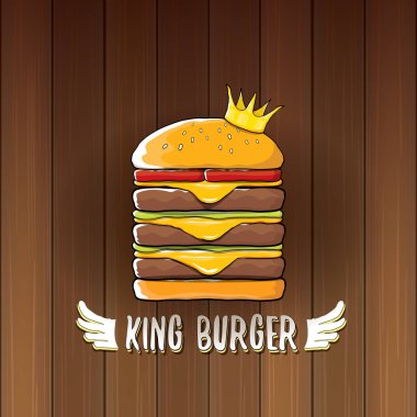 vektör karikatür royal Kral burger peynir ve altın taç simgesi üzerinde ahşap masa arka plan üzerinde izole.