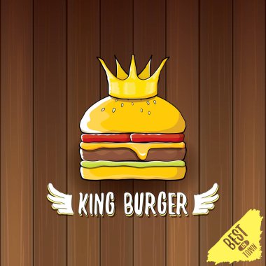 vektör karikatür royal Kral burger peynir ve altın taç simgesi üzerinde ahşap masa arka plan üzerinde izole.
