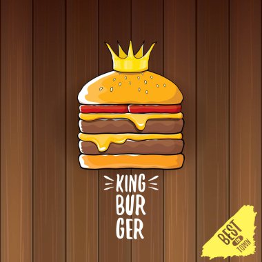 vektör karikatür royal Kral burger peynir ve altın taç simgesi üzerinde ahşap masa arka plan üzerinde izole.