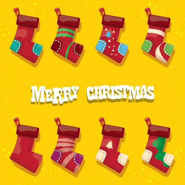 Vector de dibujos animados lindos medias de Navidad o calcetines con adorno de color aislado sobre fondo naranja. Feliz Navidad vector tarjeta de felicitación — Vector de stock