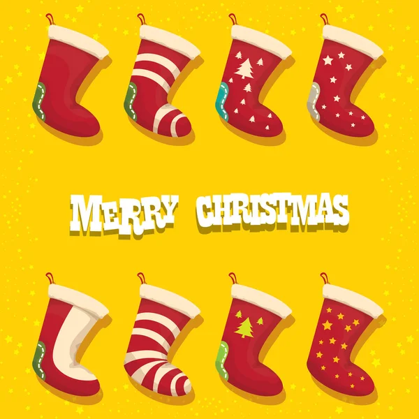 Vector de dibujos animados lindos medias de Navidad o calcetines con adorno de color aislado sobre fondo naranja. Feliz Navidad vector tarjeta de felicitación — Vector de stock