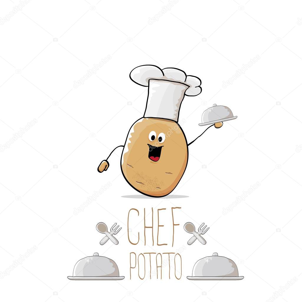 Vector funny cartoon cute brown chef potato with mustache and beard isolated on white background. My name is potato vector concept. vegetable funky character with chef hat