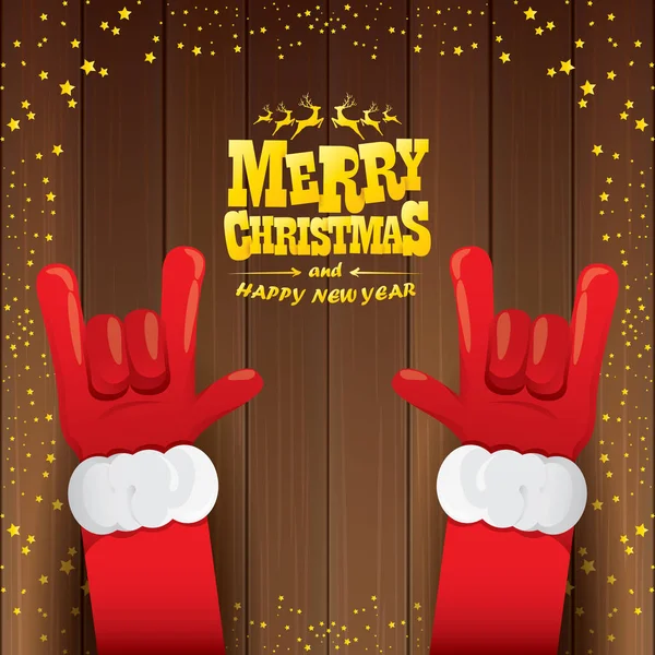 Vector de dibujos animados de Santa Claus rock n roll estilo con texto de saludo caligráfico de oro sobre fondo de madera con luces de estrella de Navidad . — Vector de stock