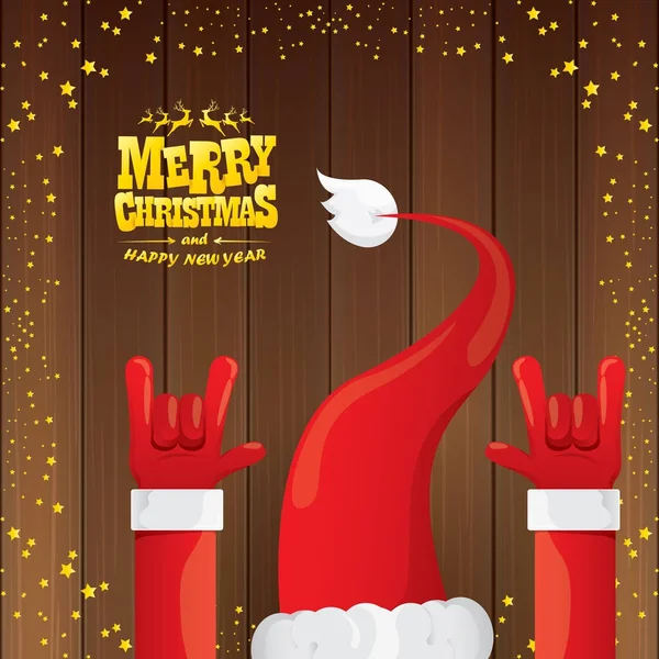 Vector de dibujos animados de Santa Claus rock n roll estilo con texto de saludo caligráfico de oro sobre fondo de madera con luces de estrella de Navidad . — Vector de stock