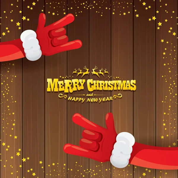 Vector cartoon Santa Claus rock n roll style with golden calligraphic greeting text on wooden background with christmas star lights. — Stock Vector