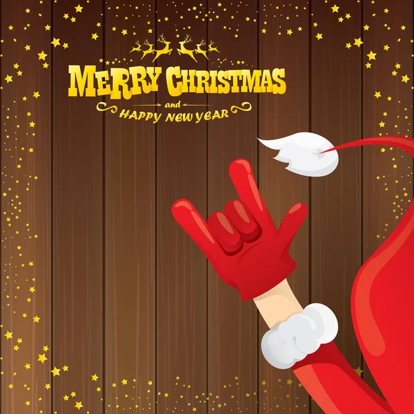 Vektor Cartoon Santa Claus Rock n Roll-Stil mit goldenem kalligraphischen Gruß Text auf hölzernem Hintergrund mit Weihnachtssternen Lichter. — Stockvektor
