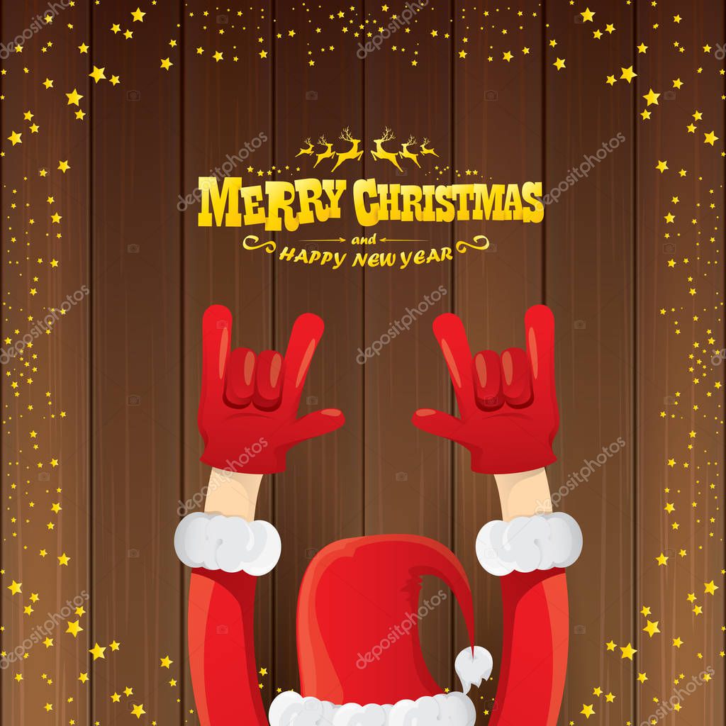 Vector cartoon Santa Claus rock n roll style with golden calligraphic greeting text on wooden background with christmas star lights. Merry Christmas Rock n roll party poster design or greeting card.