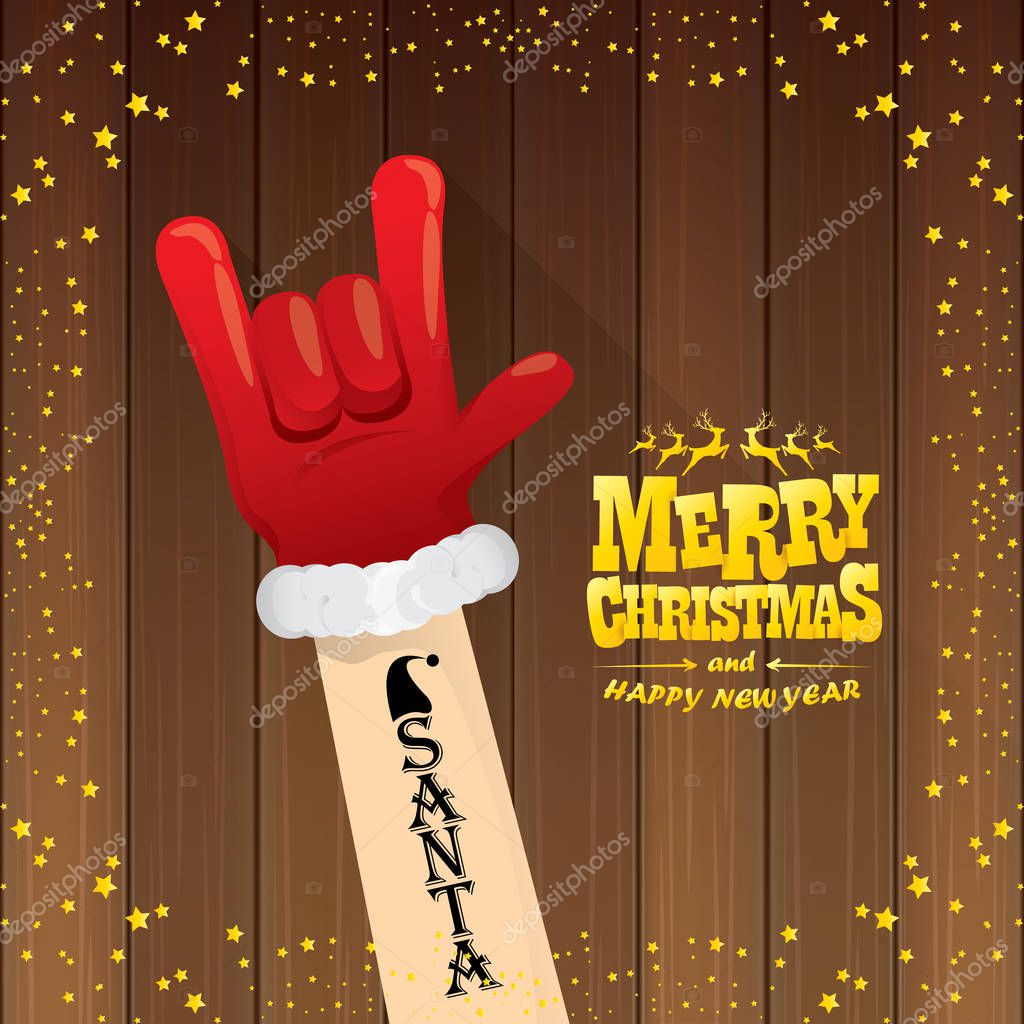 Vector cartoon Santa Claus rock n roll style with golden calligraphic greeting text on wooden background with christmas star lights. Merry Christmas Rock n roll party poster design or greeting card.