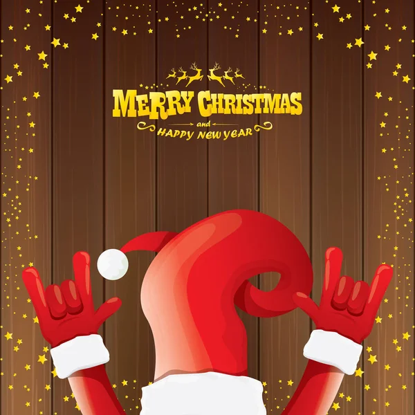 Vector de dibujos animados de Santa Claus rock n roll estilo con texto de saludo caligráfico de oro sobre fondo de madera con luces de estrella de Navidad . — Vector de stock