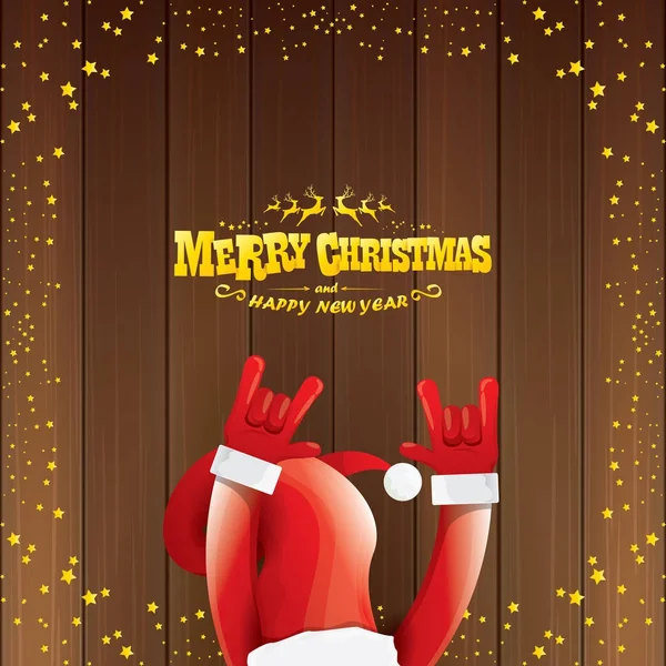 Vector de dibujos animados de Santa Claus rock n roll estilo con texto de saludo caligráfico de oro sobre fondo de madera con luces de estrella de Navidad . — Vector de stock