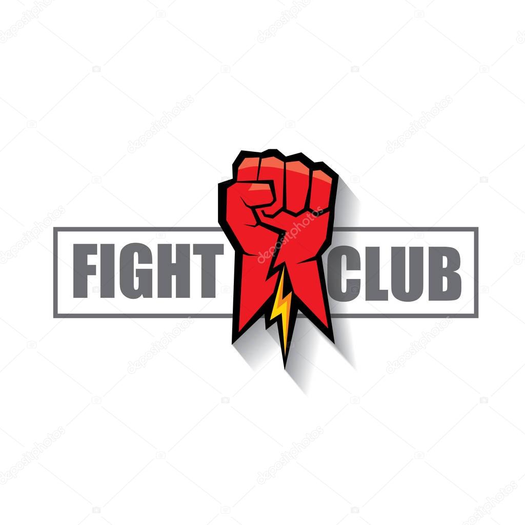 Fight club vector logo with red man fist isolated on white background. MMA Mixed martial arts concept design template