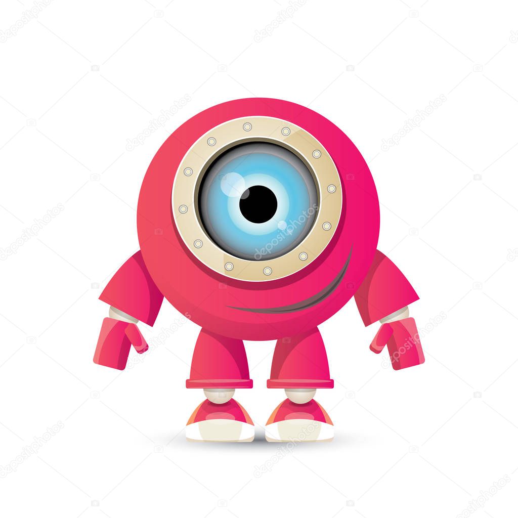 Vector funny cartoon pink friendly robot character Isolated on white background. Kids 3d robot toy logo design template