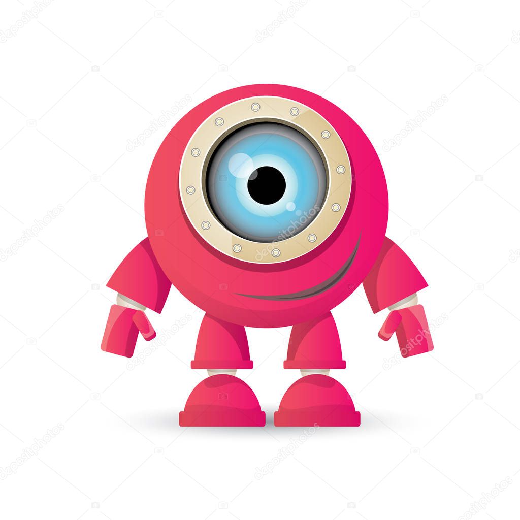 Vector funny cartoon pink friendly robot character Isolated on white background. Kids 3d robot toy logo design template