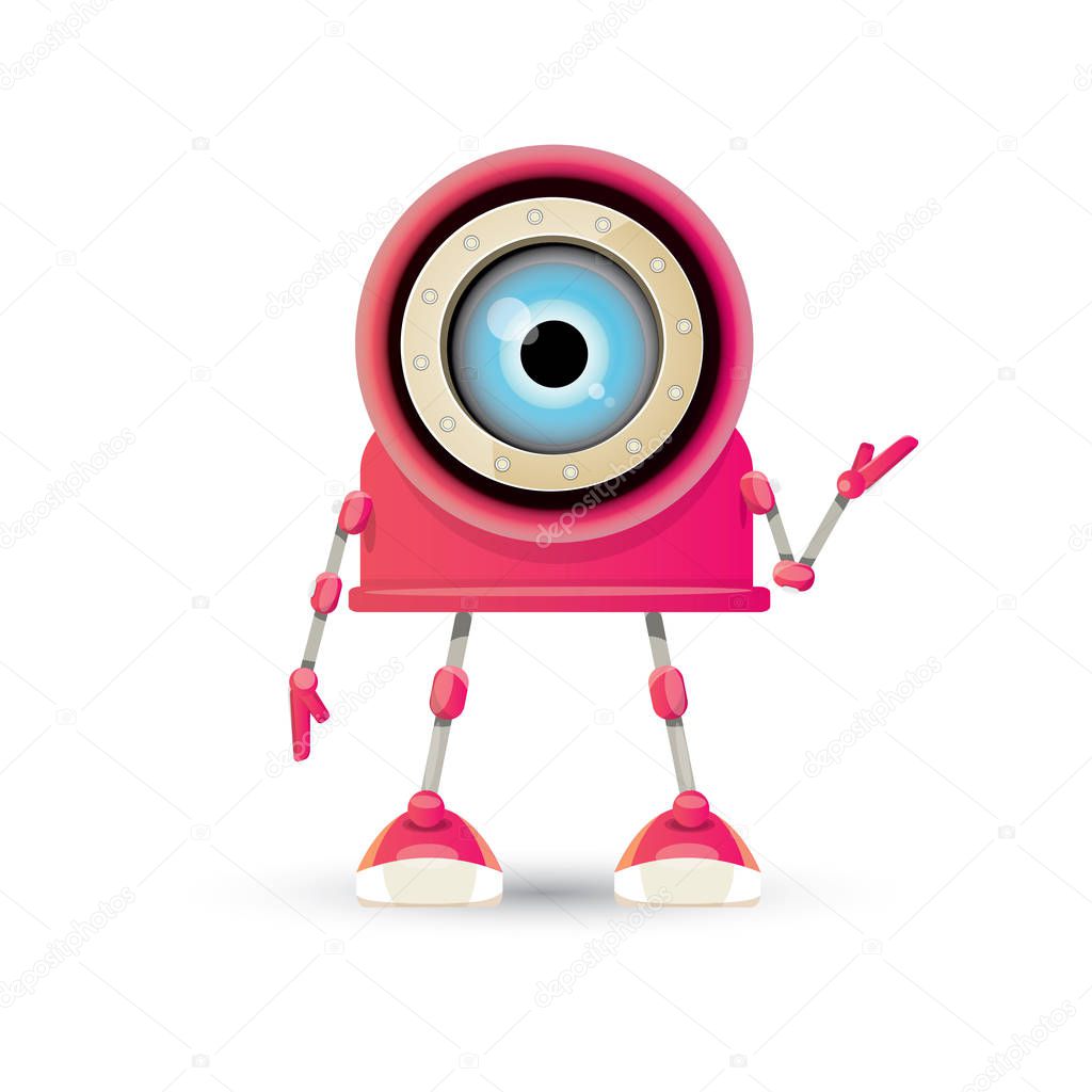 Vector funny cartoon pink friendly robot character Isolated on white background. Kids 3d robot toy logo design template