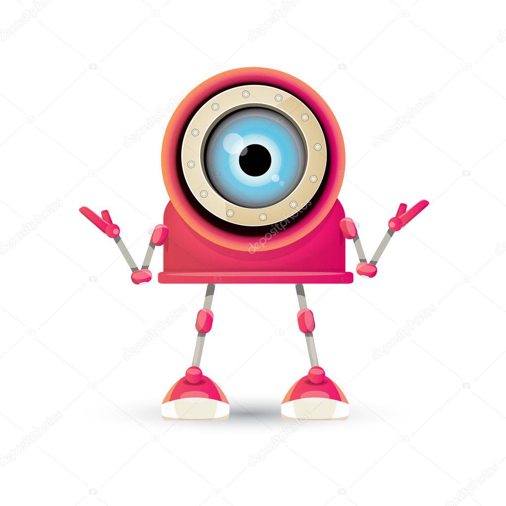 Vector funny cartoon pink friendly robot character Isolated on white background. Kids 3d robot toy logo design template