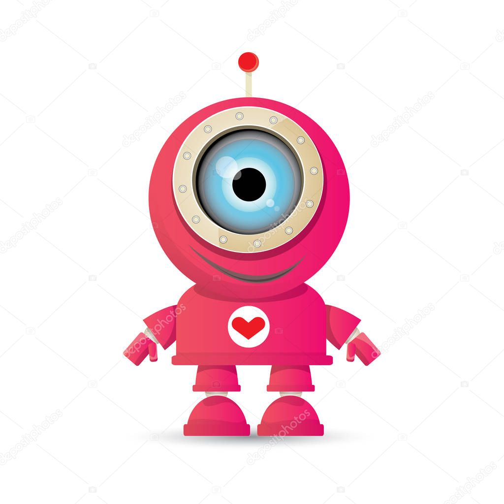 Vector funny cartoon pink friendly robot character Isolated on white background. Kids 3d robot toy logo design template