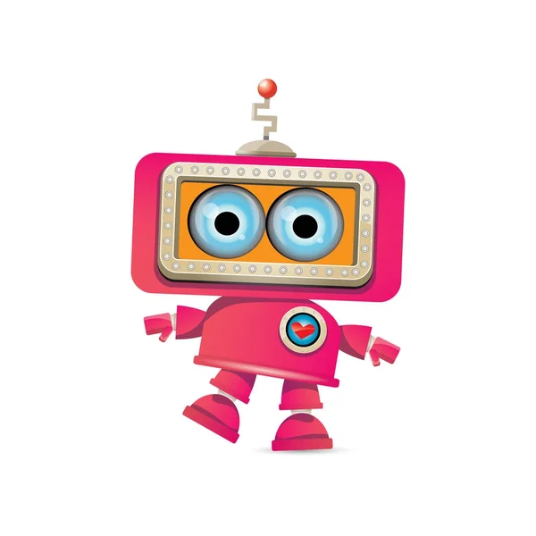 Vector divertido de dibujos animados rosa amigable personaje robot Aislado sobre fondo blanco. Plantilla de diseño de logotipo robot infantil — Vector de stock