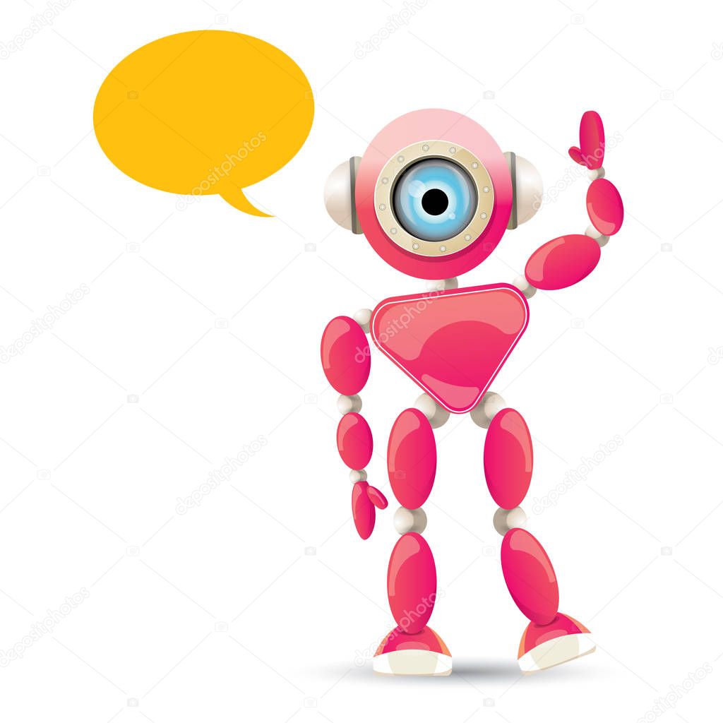 Vector funny cartoon pink friendly robot character Isolated on white background. Kids 3d robot toy logo design template