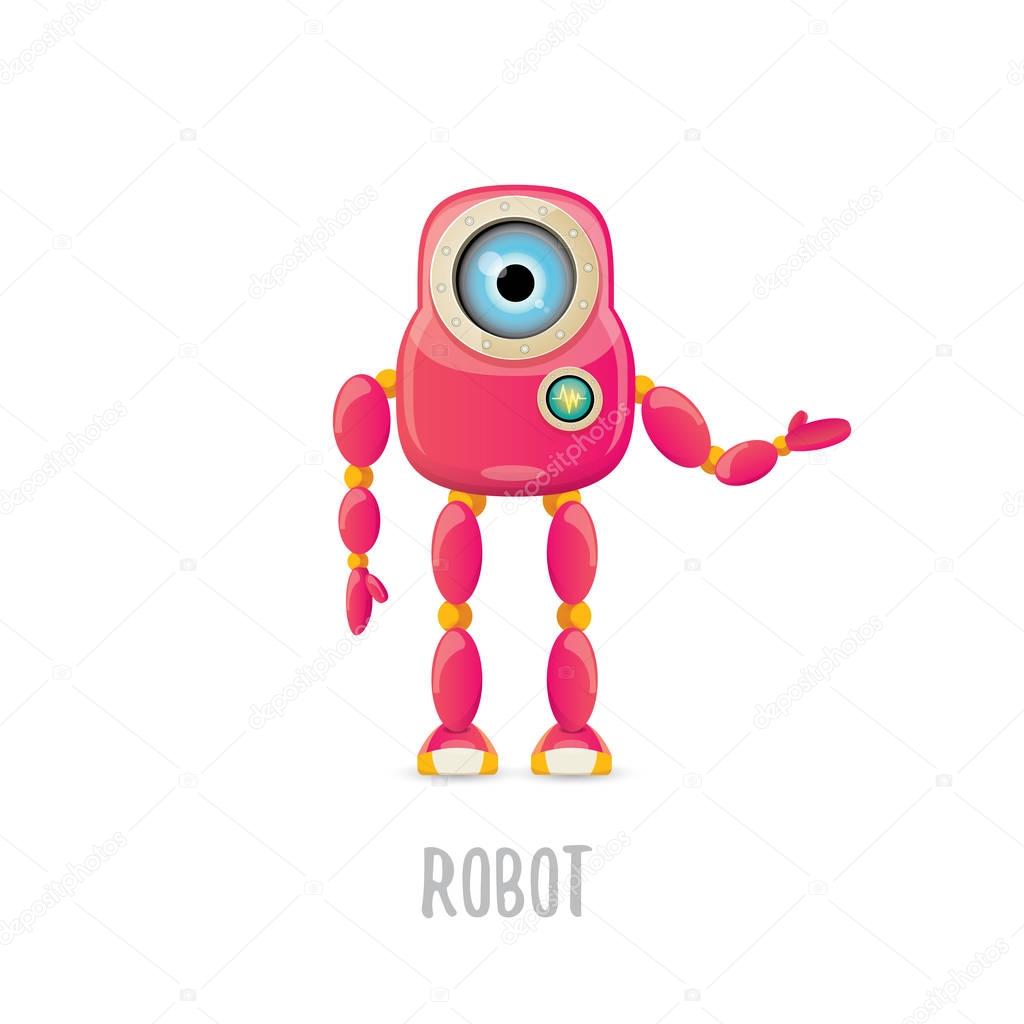 Vector funny cartoon pink friendly robot character Isolated on white background. Kids 3d robot toy logo design template