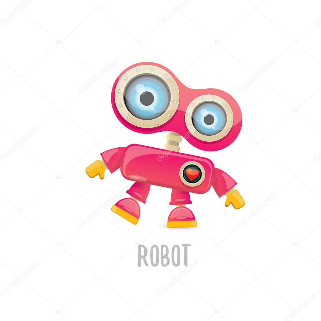 Vector funny cartoon pink friendly robot character Isolated on white background. Kids 3d robot toy logo design template