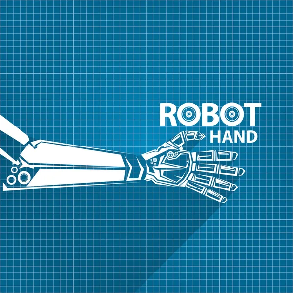 청사진 종이 배경 벡터 로봇 팔 기호입니다. 로봇 손입니다. 기술 배경 디자인 — 스톡 벡터