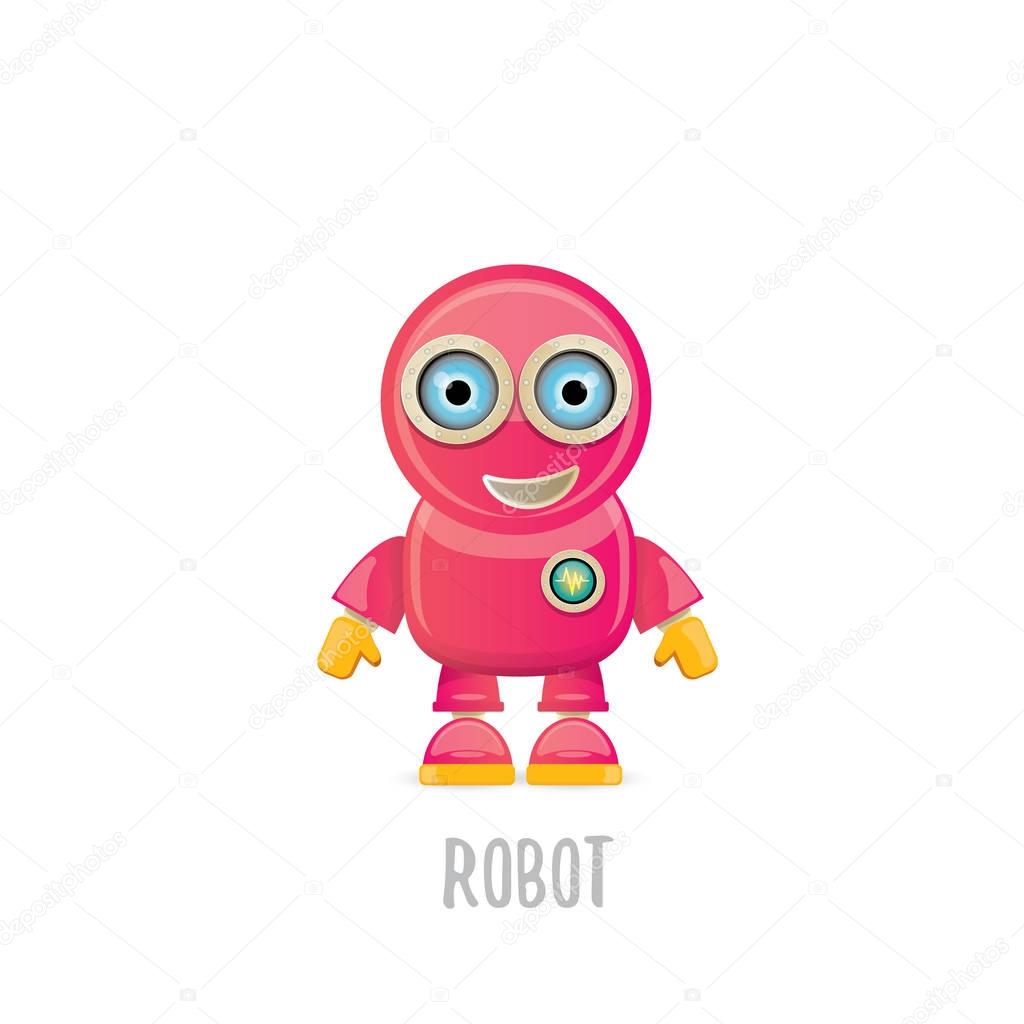 Vector funny cartoon pink friendly robot character Isolated on white background. Kids 3d robot toy logo design template