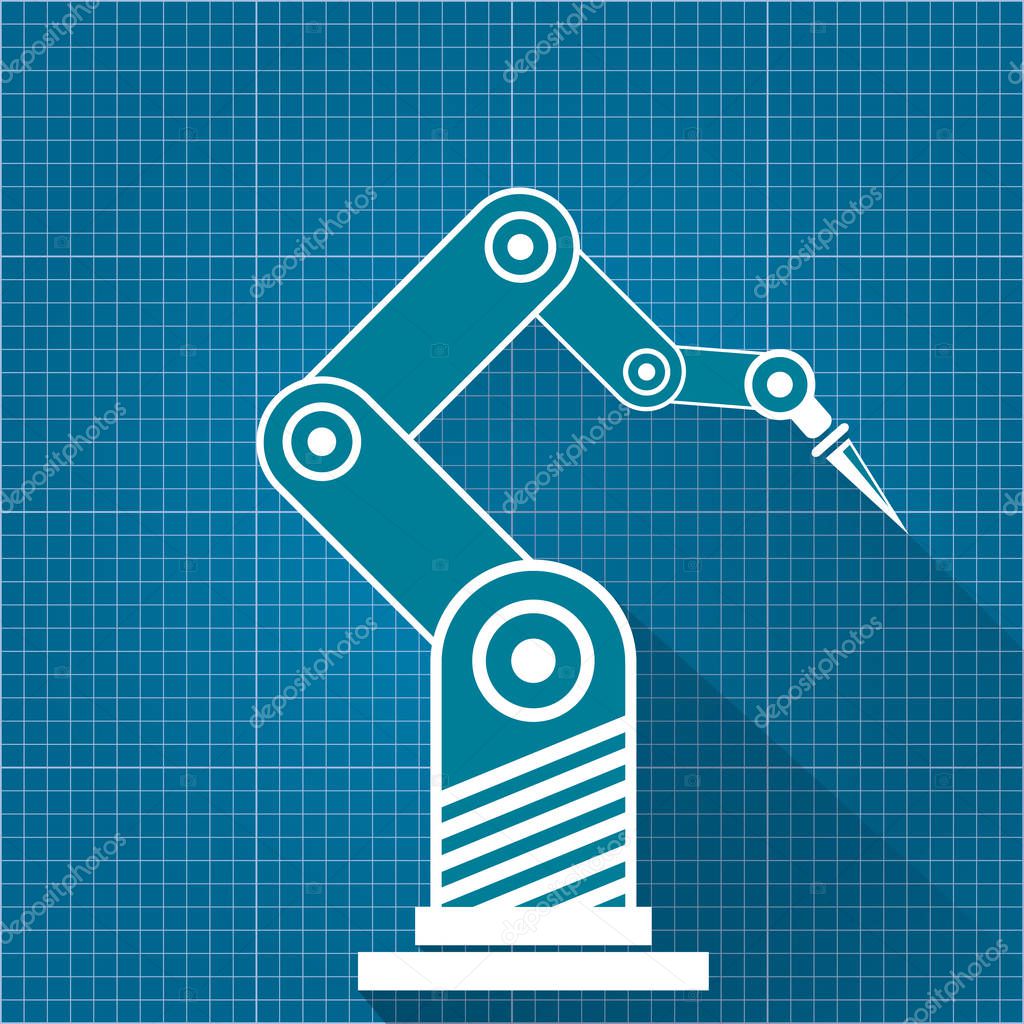 Vector robotic arm symbol on blueprint paper background. robot hand. technology background design template.
