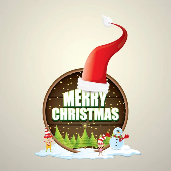 Векторная рождественская этикетка с красной шляпой Санты, елкой, снегом, мультяшным снеговиком, детскими эльфами и текстом поздравления на деревянном круглом фоне вывески. векторная рождественская открытка или баннер — стоковый вектор