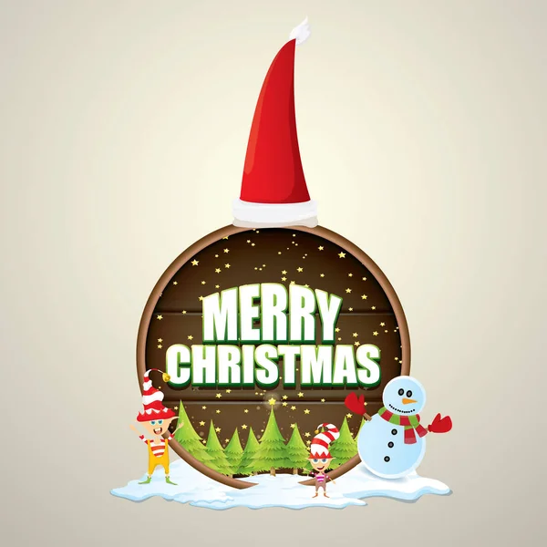 Vector Χριστούγεννα ετικέτα με κόκκινο καπέλο santa, δέντρο, χιόνι, χιονάνθρωπος καρτούν, ξωτικά παιδιά και κείμενο χαιρετισμού σε φόντο ξύλινη στρογγυλή πινακίδα. διάνυσμα merry Χριστουγεννιάτικη κάρτα ή banner — Διανυσματικό Αρχείο