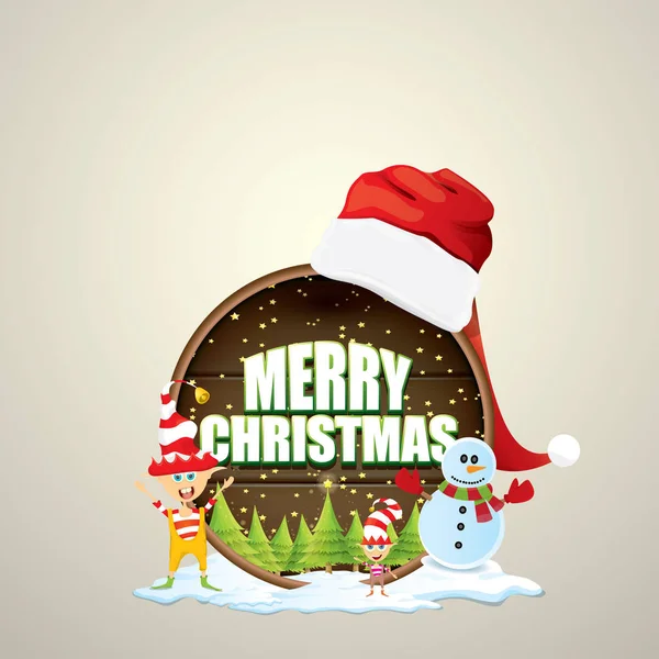 Karácsonyi címke piros santa kalap, fa, hó, hóember rajzfilm, gyerekek tündék és üdvözlő szöveget a fa kerek jel háttér vektor. vektor vidám karácsonyi kártya vagy banner — Stock Vector