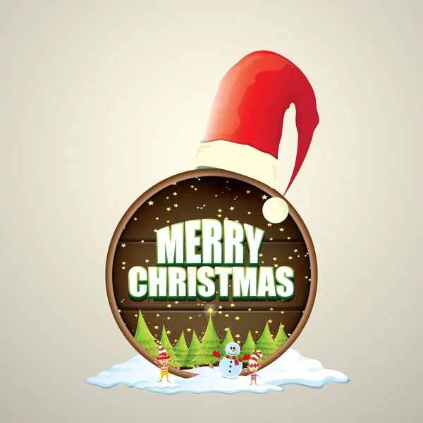 Векторная рождественская этикетка с красной шляпой Санты, елкой, снегом, мультяшным снеговиком, детскими эльфами и текстом поздравления на деревянном круглом фоне вывески. векторная рождественская открытка или баннер — стоковый вектор