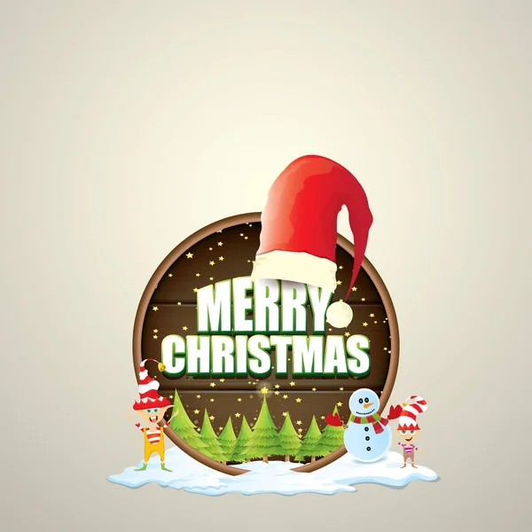 Vector jul etikett med röda santa hatt, träd, snö, tecknad snögubbe, barnen älvor och hälsningstext på runda träskylt bakgrund. Vector merry christmas card eller banner — Stock vektor